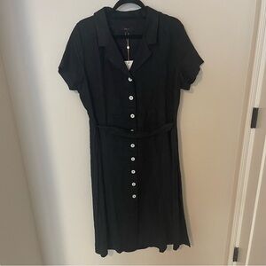 100% European Linen Black button front Midi Dress NWT